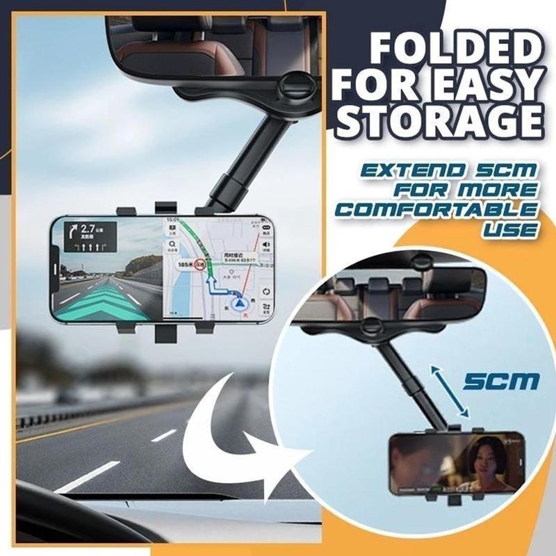 360° Rearview Mirror Phone Holder – Universal Rotatable & Retractable Car Mount