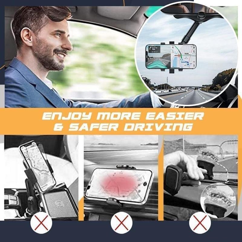 360° Rearview Mirror Phone Holder – Universal Rotatable & Retractable Car Mount